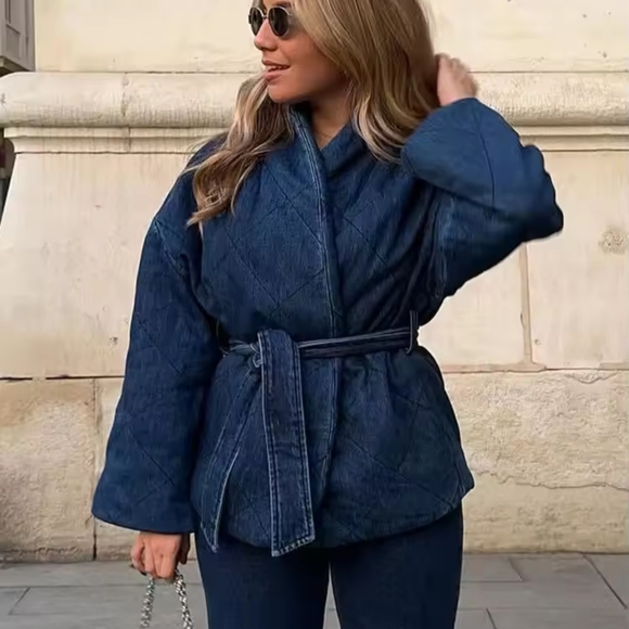 Denim Blue V-Neck Long Sleeve Belt Decorate Cardigan Female Chic Streetwear Styl - Picture 3 of 7